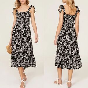 SLATE & WILLOW Dress Womens XS Black Floral Tie Shoulder Smocked Midi